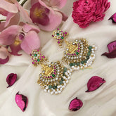 Vriksham Goddess Lakshmi Kundan Temple Kundan Jadau Earrings With Green Bead & Pearl-J3632