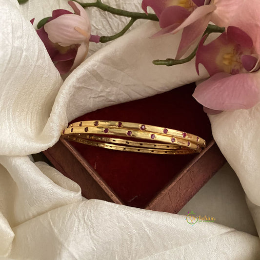 Premium Gold Look Alike AD Stone Bangle Set - Red Dotted Thin Bangles - G11962