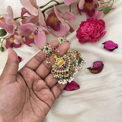 Vriksham Goddess Lakshmi Kundan Temple Kundan Jadau Earrings With Green Bead & Pearl-J3632