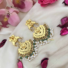 Vriksham Goddess Lakshmi Kundan Temple Kundan Jadau Earrings With Green Bead & Pearl-J3632