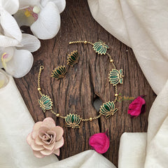 Vriksham Elegant Gold Look Alike Lotus Short Neckpiece-Green-G19077