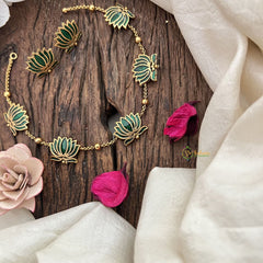 Vriksham Elegant Gold Look Alike Lotus Short Neckpiece-Green-G19077
