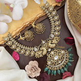 Vriksham Dual Peacock With Maanga Pendant Short Neckpiece-White-Pastel Green Bead-G17833