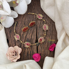 Vriksham Elegant Gold Look Alike Lotus Short Neckpiece-Magenta-G19076