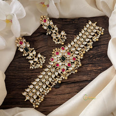 Vriksham Designer AD Stone High Neck Choker-White Red-Gold Bead-Pearl-G15794