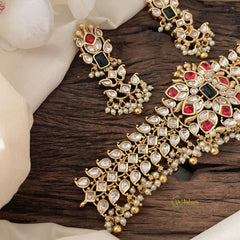 Vriksham Designer AD Stone High Neck Choker-White Red-Gold Bead-Pearl-G15794