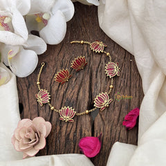 Vriksham Elegant Gold Look Alike Lotus Short Neckpiece-Magenta-G19076