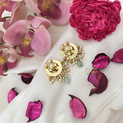 Vriksham Petite Kundan Crescent Stud Kundan Jadau Earrings With Green Bead & Pearl-J3635