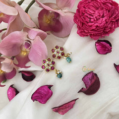 Vriksham Elegant Lotus Stud Kundan Jadau Earrings With Green Bead & Pearl-J3636