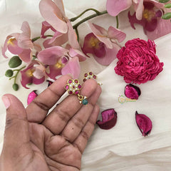 Vriksham Elegant Lotus Stud Kundan Jadau Earrings With Green Bead & Pearl-J3636