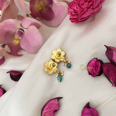 Vriksham Elegant Lotus Stud Kundan Jadau Earrings With Green Bead & Pearl-J3636