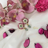 Vriksham Antique Round Floral Stud Kundan Jadau Earrings With Green Bead & Pearl-J3637