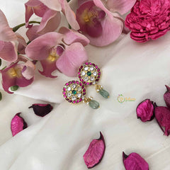 Vriksham Antique Round Floral Stud Kundan Jadau Earrings With Green Bead & Pearl-J3637