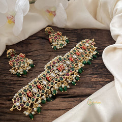 Vriksham Elegant AD Stone High Neck Choker-Coral-Green Red-Green Bead-G15786