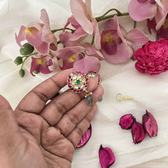 Vriksham Antique Round Floral Stud Kundan Jadau Earrings With Green Bead & Pearl-J3637