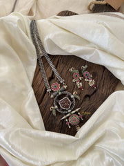 Silver Look Alike Statement Jadau Kundan Pendant Chain Neckpiece- J1886