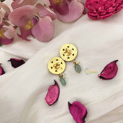 Vriksham Antique Round Floral Stud Kundan Jadau Earrings With Green Bead & Pearl-J3637