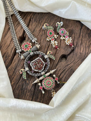 Silver Look Alike Statement Jadau Kundan Pendant Chain Neckpiece- J1886