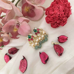 Vriksham Elegant Lotus Floral Stud Kundan Jadau Earrings With Green Bead & Pearl-J3638
