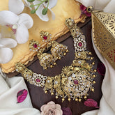 Vriksham Exquisite AD Stone Dual Peacock Elephant Short Neckpiece-Red-Gold Bead-G17836