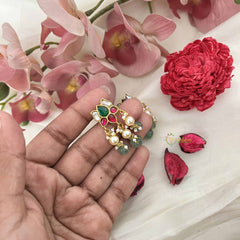 Vriksham Elegant Lotus Floral Stud Kundan Jadau Earrings With Green Bead & Pearl-J3638