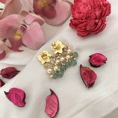 Vriksham Elegant Lotus Floral Stud Kundan Jadau Earrings With Green Bead & Pearl-J3638
