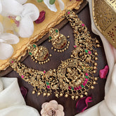 Vriksham Exquisite Lakshmi Elephant & Peacock Jadau Short Neckpiece-Red Green-Gold Bead-G17843