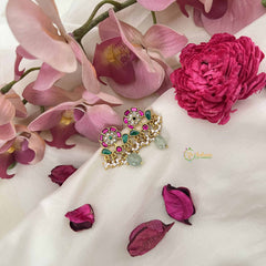 Vriksham Small Circular Studs Kundan Jadau Earrings With Pearls-Green Bead-J3640