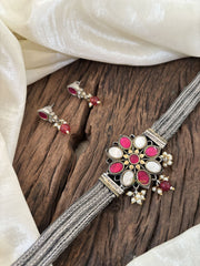 Silver Look Alike Jadau Kundan High Neck Choker-Pink White -J1836