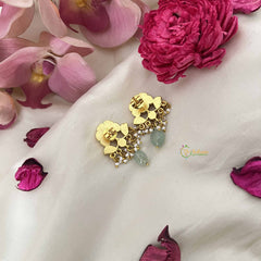 Vriksham Small Circular Studs Kundan Jadau Earrings With Pearls-Green Bead-J3640