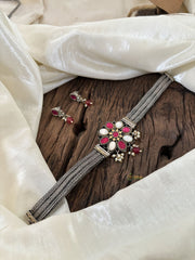 Silver Look Alike Jadau Kundan High Neck Choker-Pink White -J1836