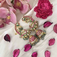 Vriksham Peacock Kundan Jhumkas With Earcuff-Green red & White-Green Beads -Pearl Tassels-J3641