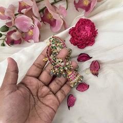 Vriksham Peacock Kundan Jhumkas With Earcuff-Green red & White-Green Beads -Pearl Tassels-J3641