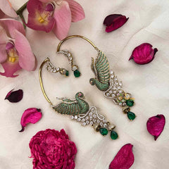 Vriksham Emerald Green Peacock CZ Studded Ethnic Statement Ear Cuffs With Stud Earrings-G21426