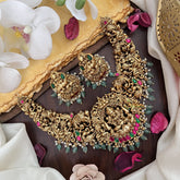 Vriksham Exquisite Lakshmi Elephant & Peacock Jadau Short Neckpiece-Red Green-Pastel Green Bead-G17830