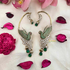 Vriksham Emerald Green Peacock CZ Studded Ethnic Statement Ear Cuffs With Stud Earrings-G21426