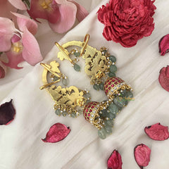 Vriksham Peacock Kundan Jhumkas With Earcuff-Green red & White-Green Beads -Pearl Tassels-J3641