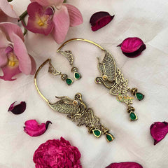 Vriksham Emerald Green Peacock CZ Studded Ethnic Statement Ear Cuffs With Stud Earrings-G21426