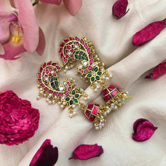 Vriksham Premium Peacock Kundan Jadau Ear Cuff With Jhumka-Red Green-Pearls-J4070
