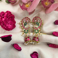 Vriksham Premium Peacock Kundan Jadau Ear Cuff With Jhumka-Red Green-Pearls-J4070