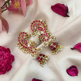 Vriksham Premium Peacock Kundan Jadau Ear Cuff With Jhumka-Red-Pearls-J4071