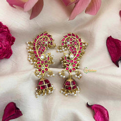 Vriksham Premium Peacock Kundan Jadau Ear Cuff With Jhumka-Red-Pearls-J4071