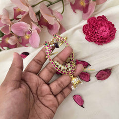 Vriksham Elegant Floral Peacock Jhumkas With Ear cuff-Red White-Green Bead-Pearl-J3643