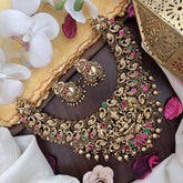 Vriksham Lakshmi with Dual Elephant Peacock Jadau Short Neckpiece-Gold Bead-G17846