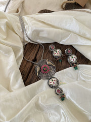 Silver Look Alike Statement Jadau Kundan Pendant Chain Neckpiece- J1883