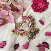 Vriksham Majestic Crescent Kundan Jhumkas With Earcuff-Red White-Green Bead-Pearl-J3644