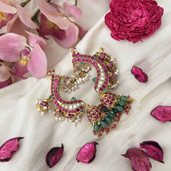 Vriksham Majestic Crescent Kundan Jhumkas With Earcuff-Red White-Green Bead-Pearl-J3644