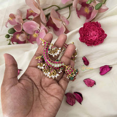 Vriksham Majestic Crescent Kundan Jhumkas With Earcuff-Red White-Green Bead-Pearl-J3644