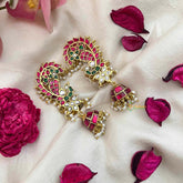 Vriksham Premium Peacock Kundan Jadau Ear Cuff With Jhumka-Red Green & White-Pearls-J4072