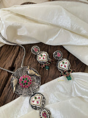 Silver Look Alike Statement Jadau Kundan Pendant Chain Neckpiece- J1883